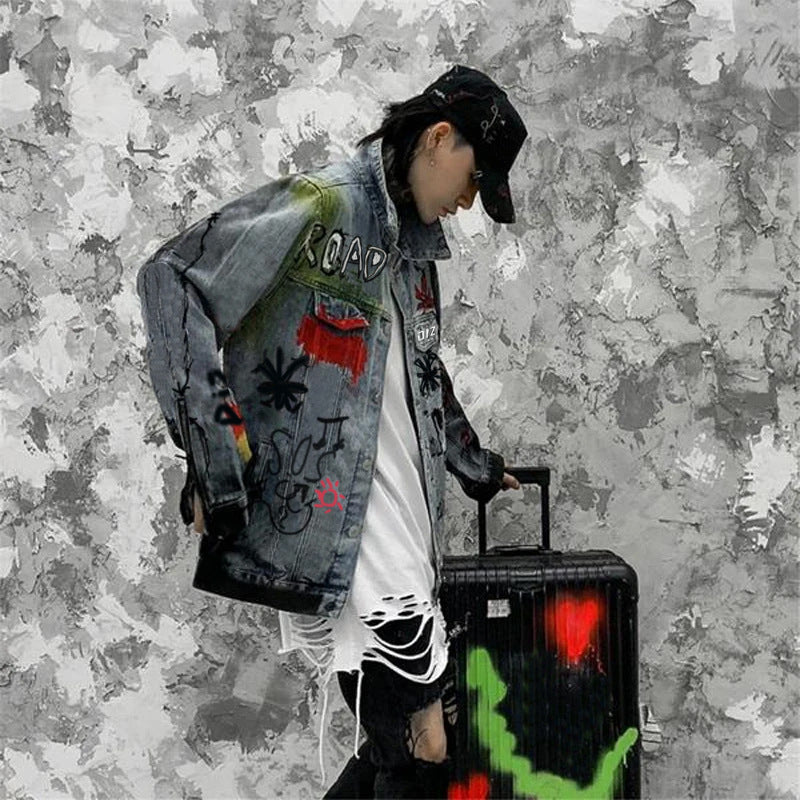 Workwear Denim Jacket American Heavy Graffiti Jacket Men's Trendy Brand Printed Motorcycle Jacket Loose Casual Jacket