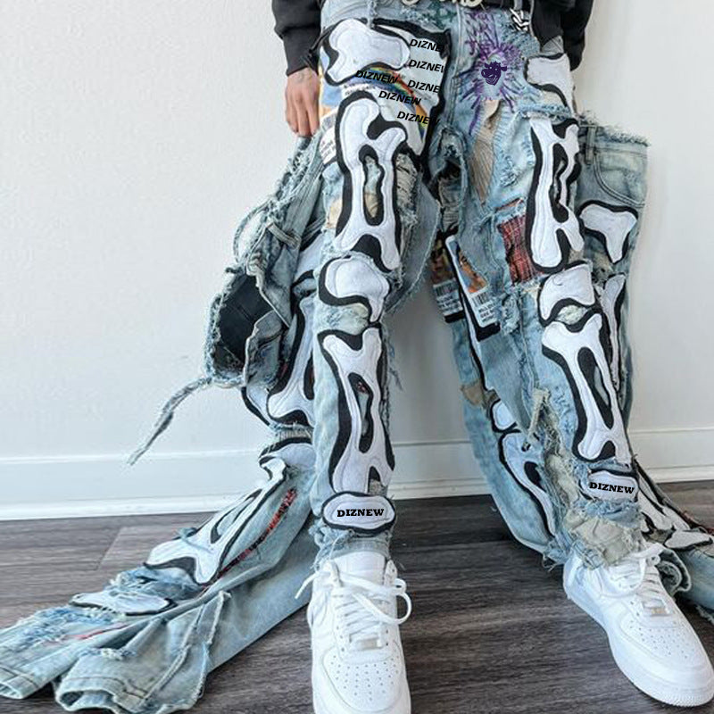 Wholesale Street Hiphop Skull Patch Design Ripped Washed Trendyy Tight Jeans for Men