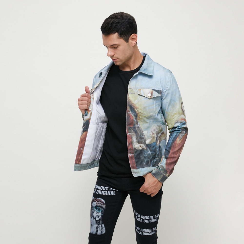 Spring and Autumn New Japanese Retro Workwear Jacket American High Street Plus Size Slim Fit Digital Print Custom Denim Jacket