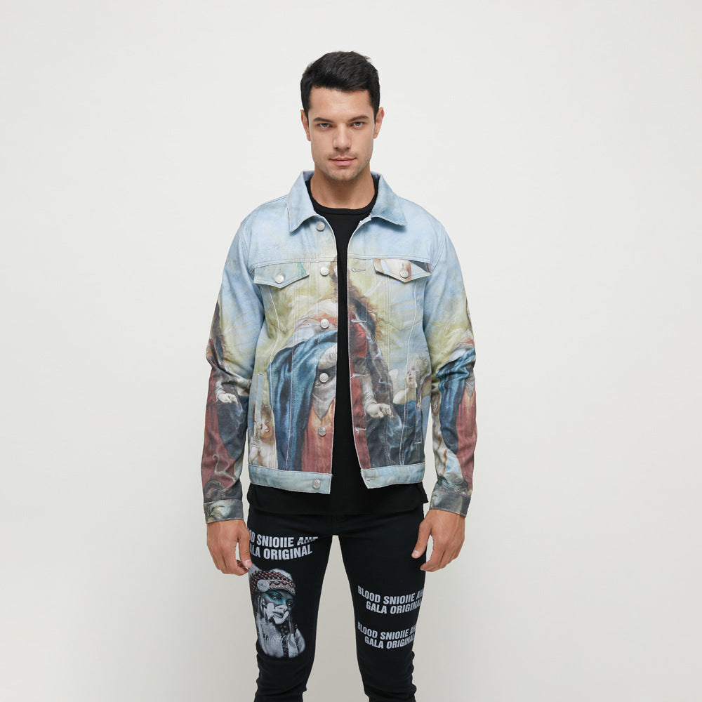 Spring and Autumn New Japanese Retro Workwear Jacket American High Street Plus Size Slim Fit Digital Print Custom Denim Jacket