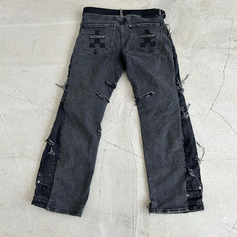 American High Street Washed Black Wax Pants Flared Pants Jeans Brushed Coated Pants for Men