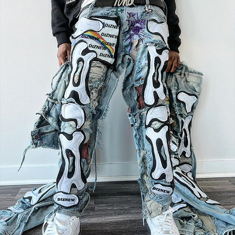 Wholesale Street Hiphop Skull Patch Design Ripped Washed Trendyy Tight Jeans for Men