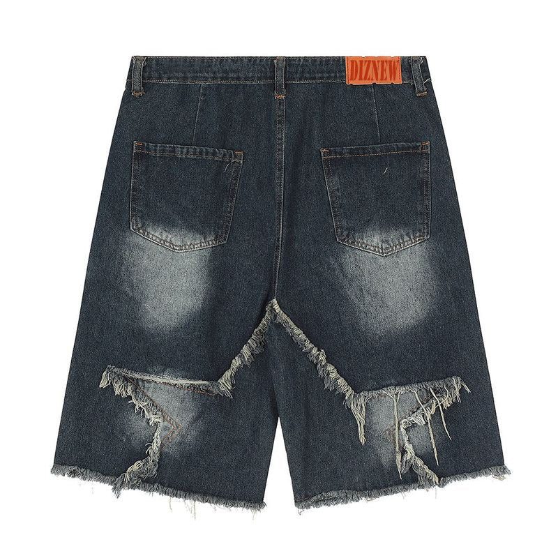 American Retro Niche Star Patch Tassel Denim Shorts Loose Hip-Hop Street Style Knee-Length Short
