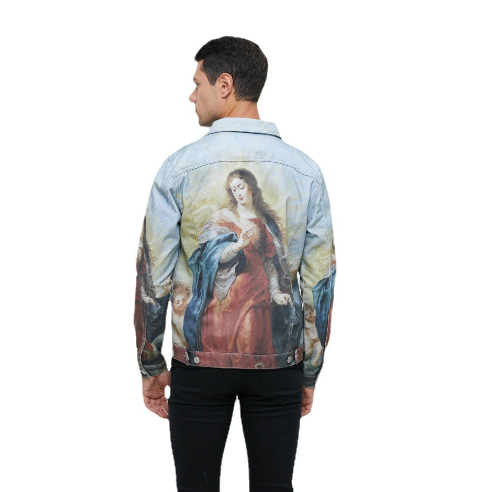 Spring and Autumn New Japanese Retro Workwear Jacket American High Street Plus Size Slim Fit Digital Print Custom Denim Jacket