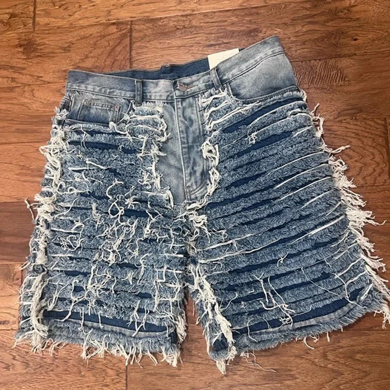 Wholesale Customized Blue Tassel High Street Retro Summer Loose Heavy Straight Denim Shorts Men's New Product