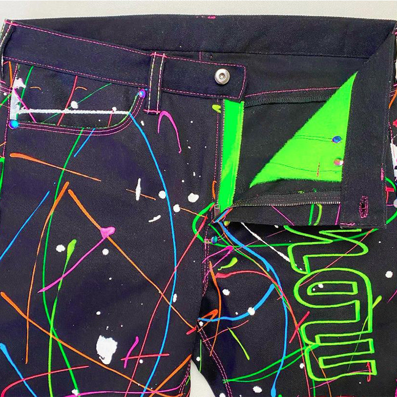 Washed Fluorescent Splash Ink Casual Jeans High Street Pure Handmade Elastic Small Straight Trousers for Men