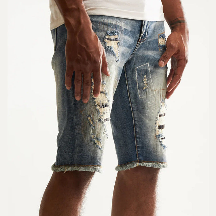 Men's Denim Casual Washed Hole Patch Embroidered Mid-Waist Loose Street Trendy Men's Clothing