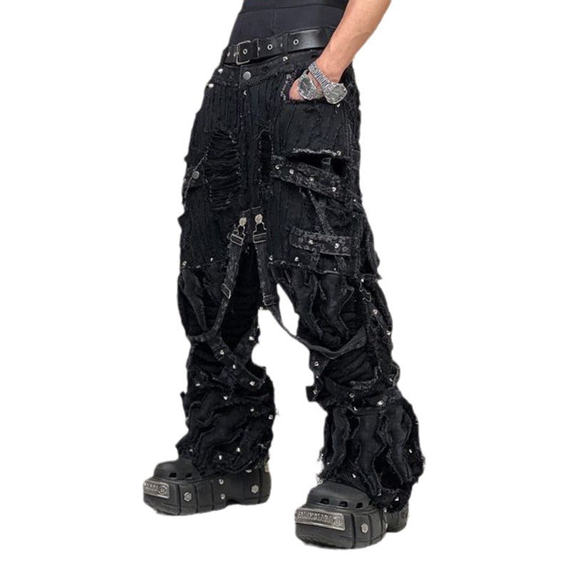 Heavy Craftsmanship Dune Wasteland Style Multi-Zip Multi-Pocket Loose Straight-Leg Flared Cargo Jeans