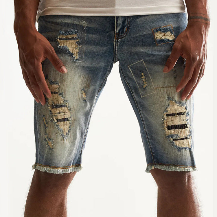 Men's Denim Casual Washed Hole Patch Embroidered Mid-Waist Loose Street Trendy Men's Clothing