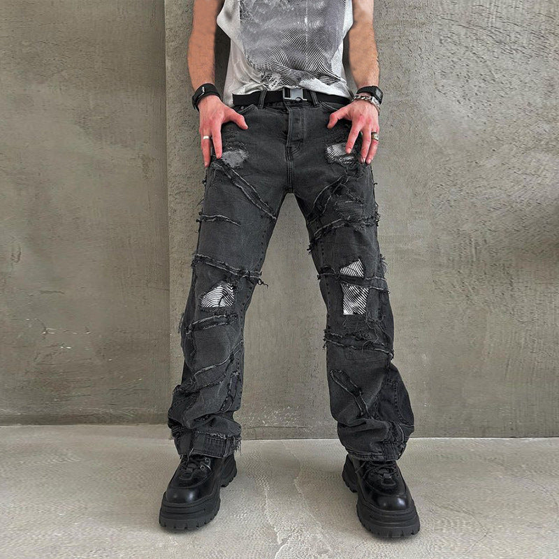 American High Street Washed Black Wax Pants Flared Pants Jeans Brushed Coated Pants for Men