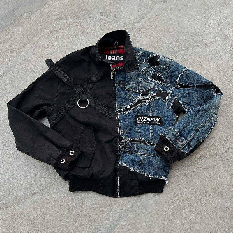 American Retro Denim Jacket for Boys, Loose Trendy Brand Spring and Autumn Couple Workwear Washed Splicing Denim Jacket