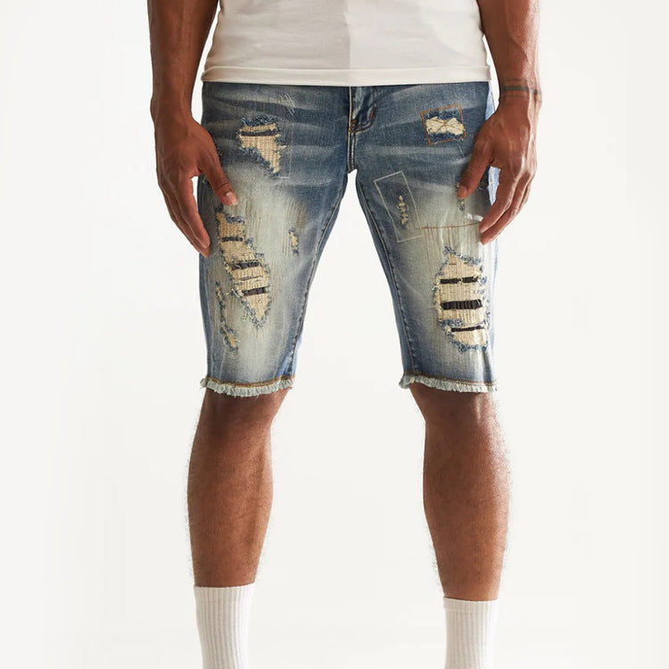 Men's Denim Casual Washed Hole Patch Embroidered Mid-Waist Loose Street Trendy Men's Clothing