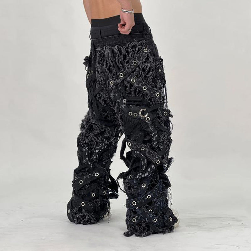 Heavy Craftsmanship Dune Wasteland Style Multi-Zip Multi-Pocket Loose Straight-Leg Flared Cargo Jeans