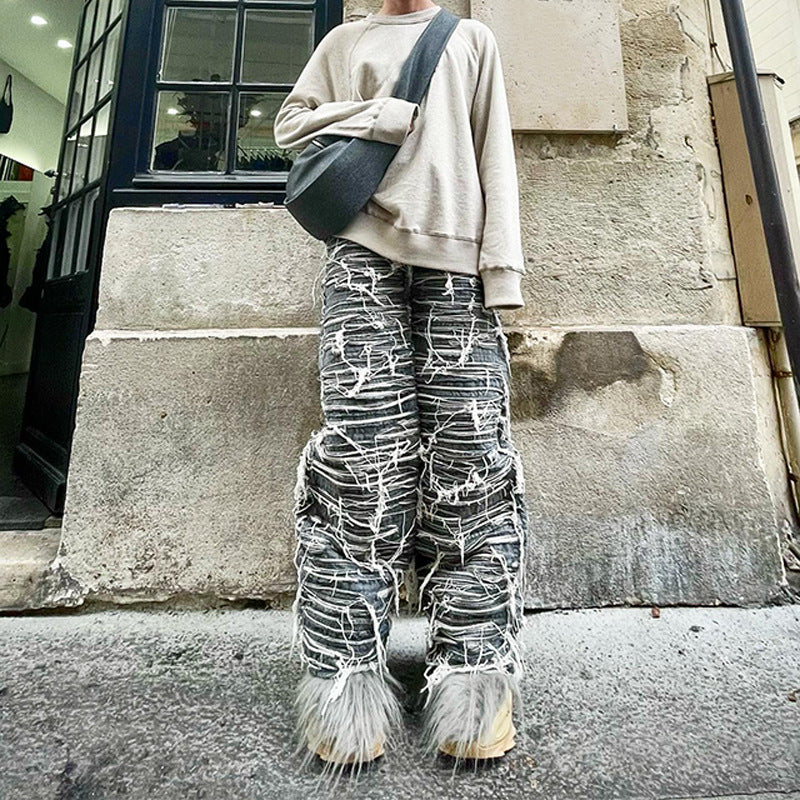Winter New Heavy Cat Whisker Jeans Hip-Hop Handmade Distressed Loose Pants Men's Trend