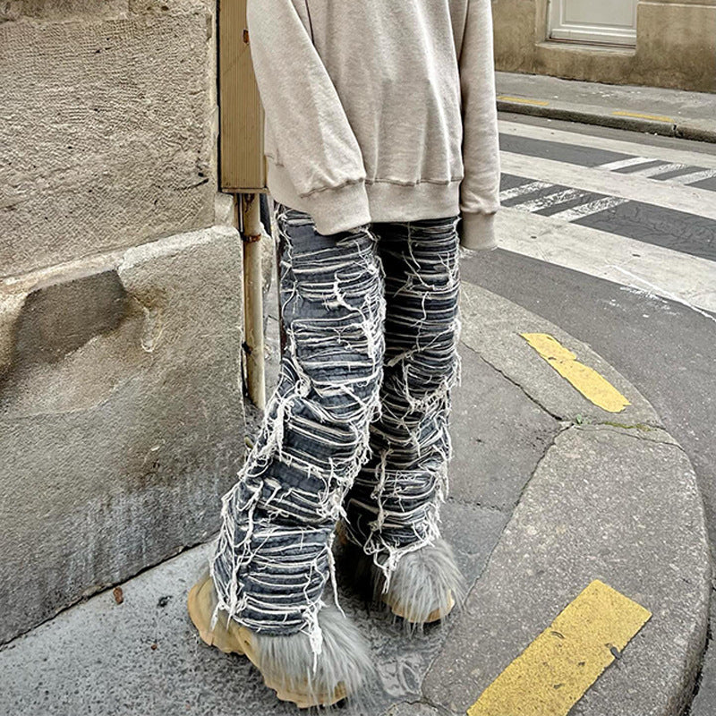 Winter New Heavy Cat Whisker Jeans Hip-Hop Handmade Distressed Loose Pants Men's Trend