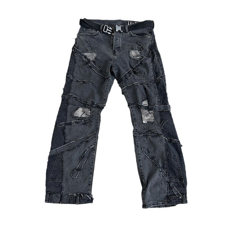 American High Street Washed Black Wax Pants Flared Pants Jeans Brushed Coated Pants for Men