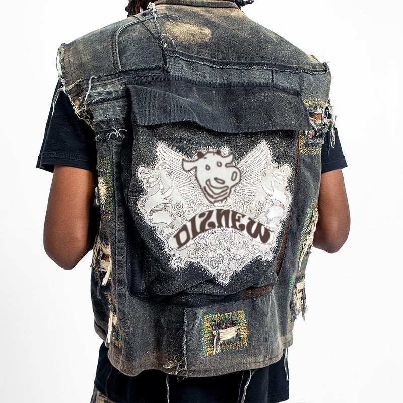 Autumn Denim Vest Men's European and American Nostalgic Retro Zipper Vest Sleeveless Workwear Motorcycle Jacket Jacket Men