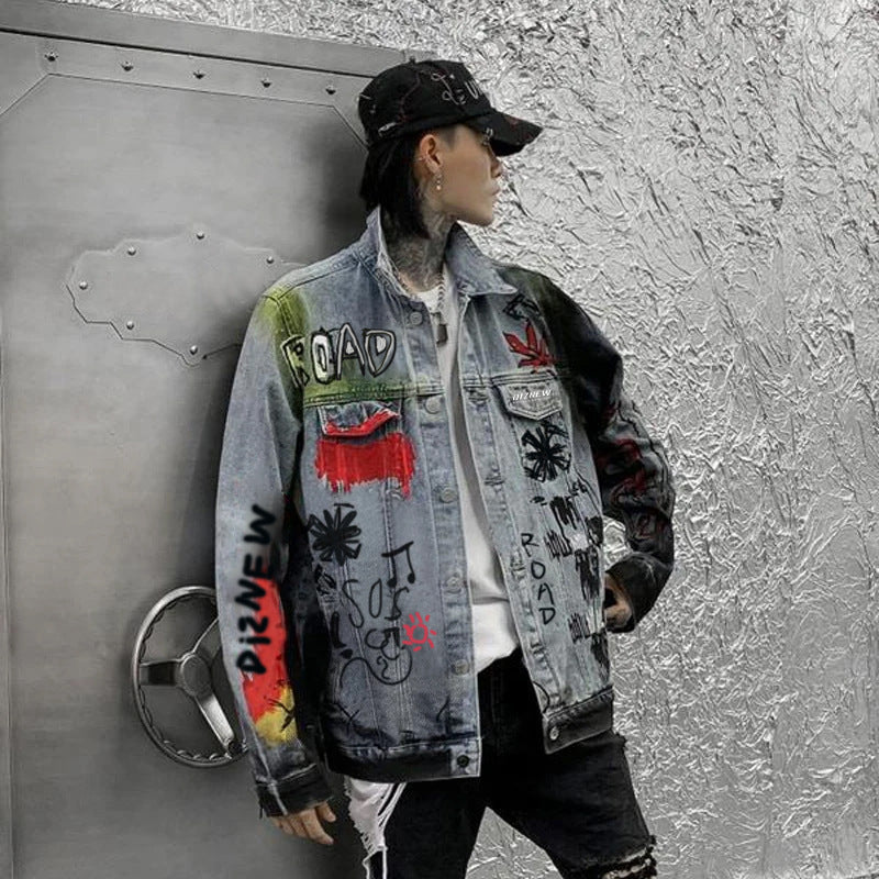 Workwear Denim Jacket American Heavy Graffiti Jacket Men's Trendy Brand Printed Motorcycle Jacket Loose Casual Jacket