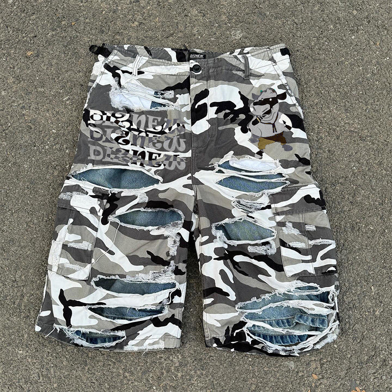 Camouflage Cargo Pants European and American Retro Loose Multi-Pocket Sports Cargo Men's Summer Ripped Mid-Length Shorts