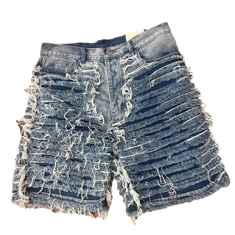 Wholesale Customized Blue Tassel High Street Retro Summer Loose Heavy Straight Denim Shorts Men's New Product