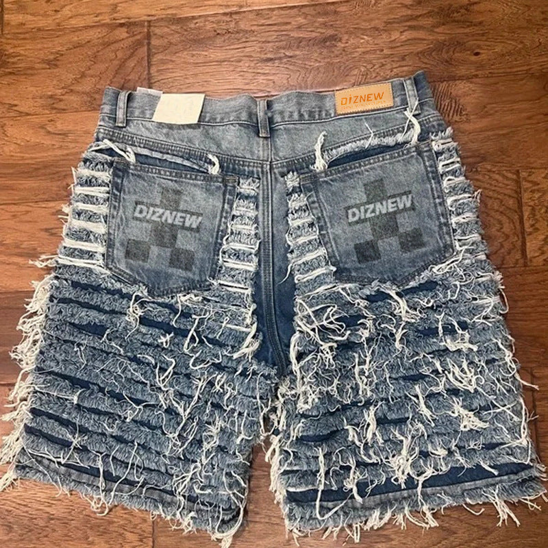 Wholesale Customized Blue Tassel High Street Retro Summer Loose Heavy Straight Denim Shorts Men's New Product