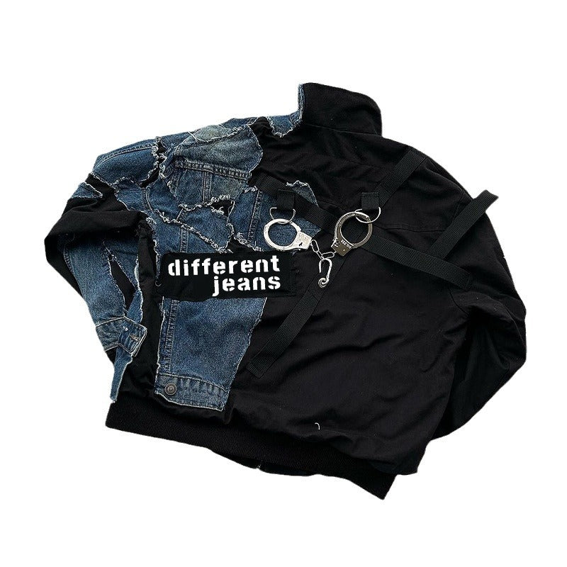 American Retro Denim Jacket for Boys, Loose Trendy Brand Spring and Autumn Couple Workwear Washed Splicing Denim Jacket