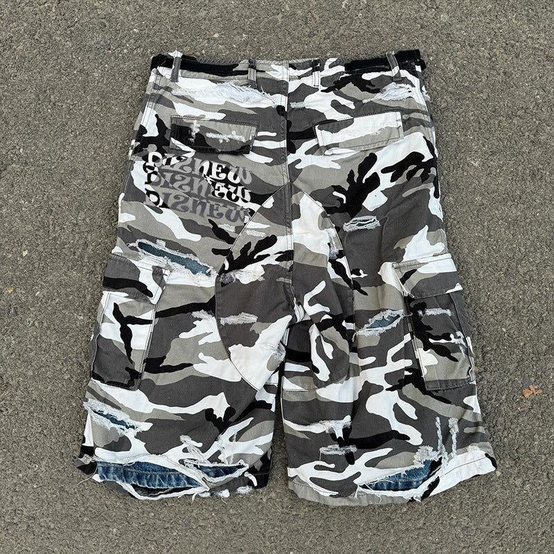 Camouflage Cargo Pants European and American Retro Loose Multi-Pocket Sports Cargo Men's Summer Ripped Mid-Length Shorts