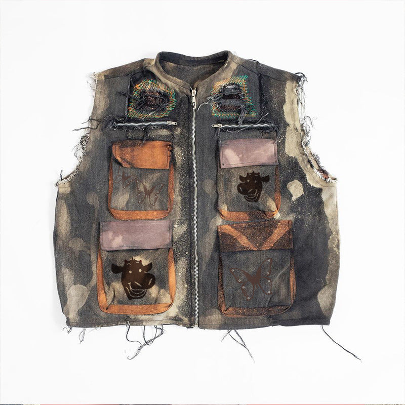 Autumn Denim Vest Men's European and American Nostalgic Retro Zipper Vest Sleeveless Workwear Motorcycle Jacket Jacket Men