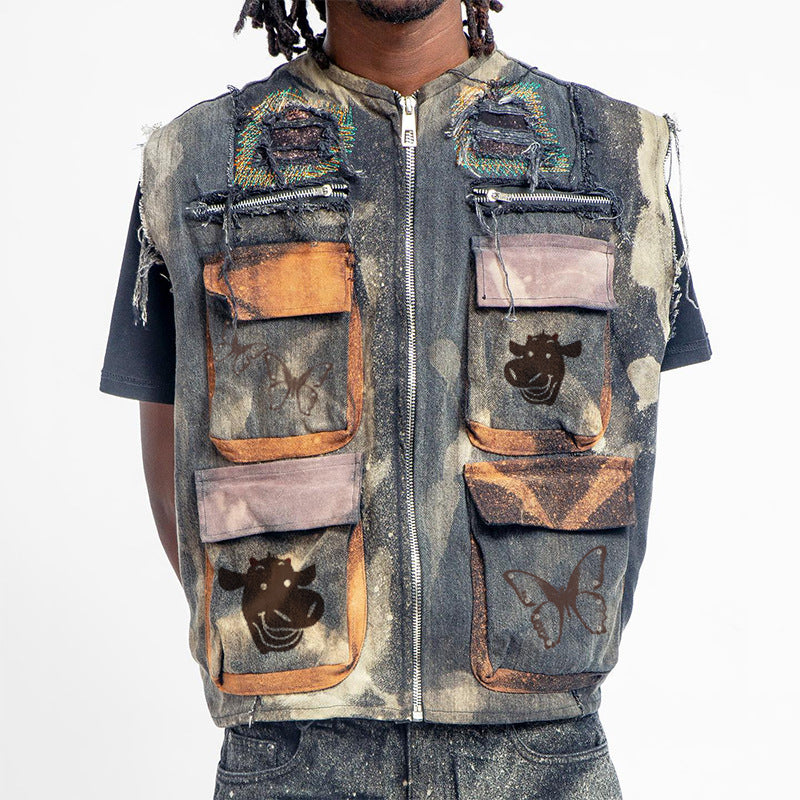 Autumn Denim Vest Men's European and American Nostalgic Retro Zipper Vest Sleeveless Workwear Motorcycle Jacket Jacket Men