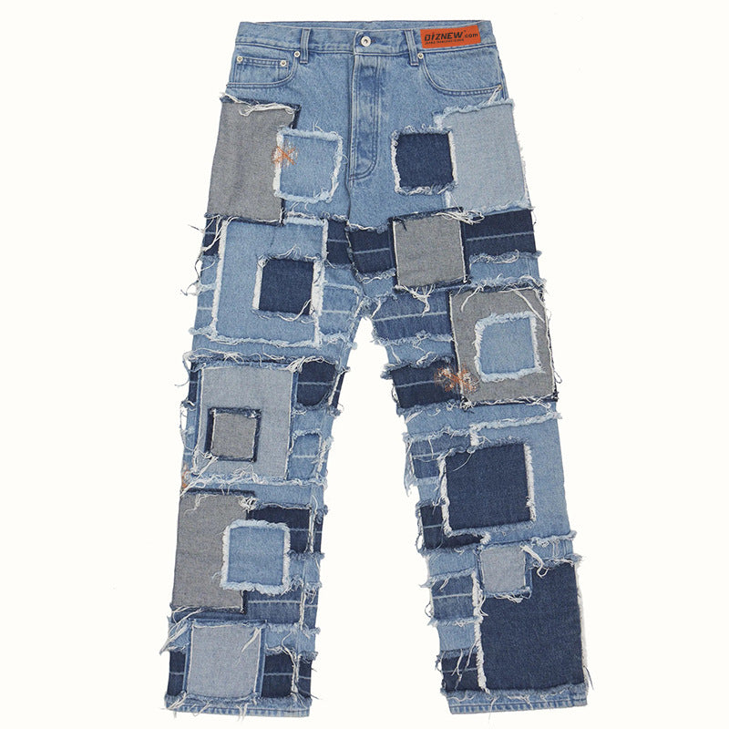 American Retro Hip-Hop Patchwork Deconstructed Washed Stacked Youth High Street Elastic Flared Jeans