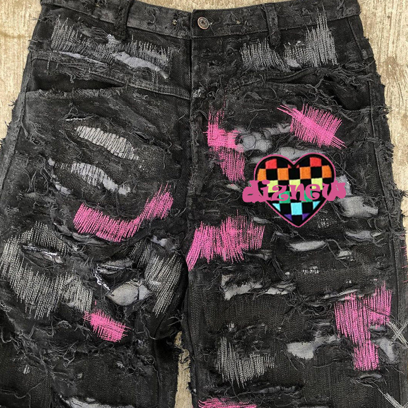 Factory Direct Sale Summer European and American Men's Ripped Embroidered Patchwork Denim Shorts Straight Mid-Length Trendy Men's Clothing