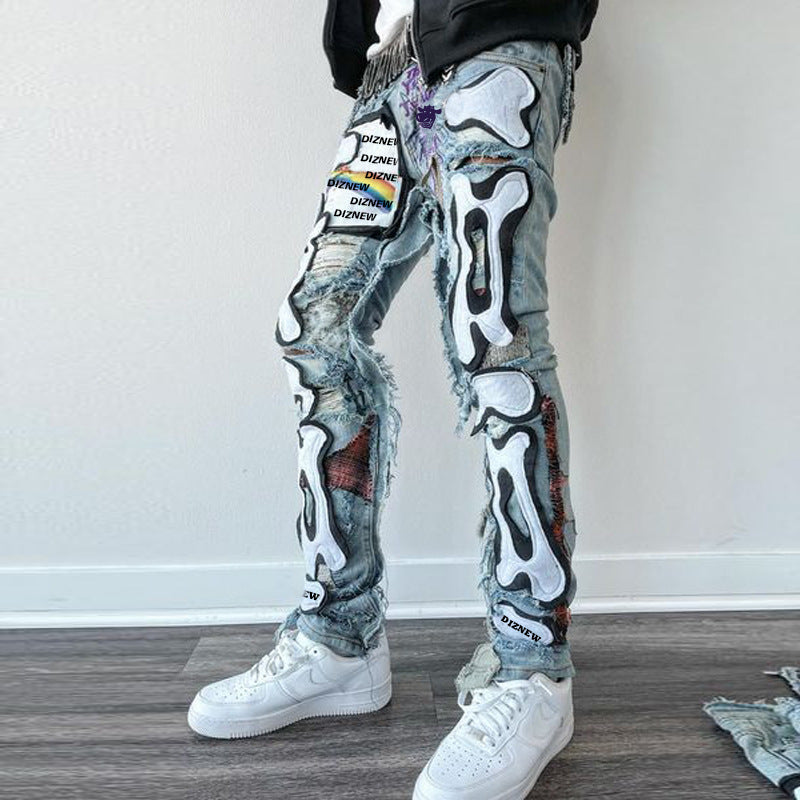 Wholesale Street Hiphop Skull Patch Design Ripped Washed Trendyy Tight Jeans for Men