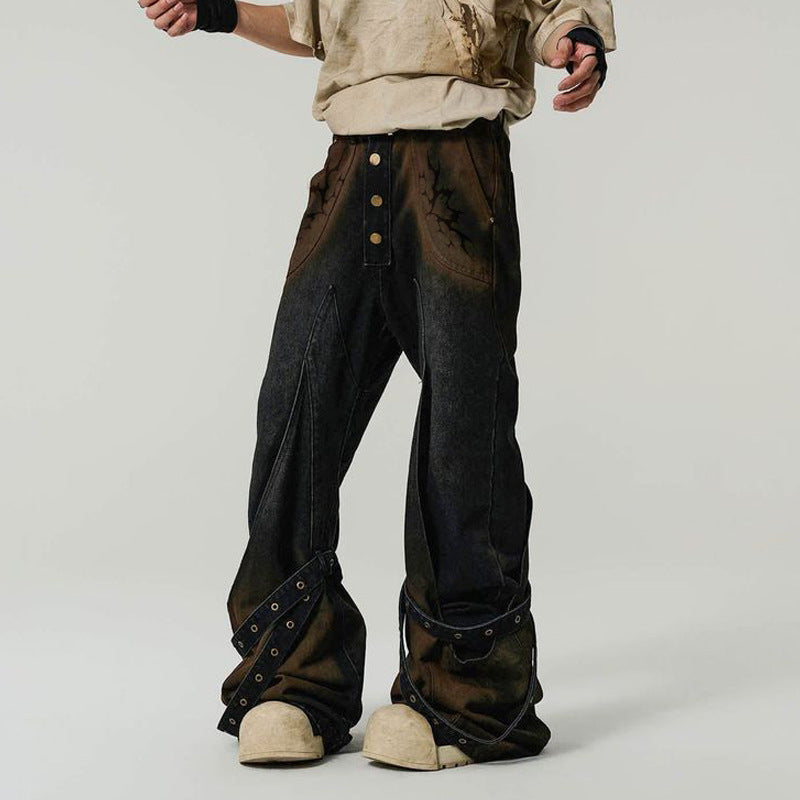 Wholesale American Niche Design Washed Trendy Style Micro-Flared Straight Jeans for Men and Women