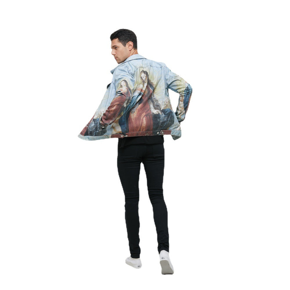 Spring and Autumn New Japanese Retro Workwear Jacket American High Street Plus Size Slim Fit Digital Print Custom Denim Jacket