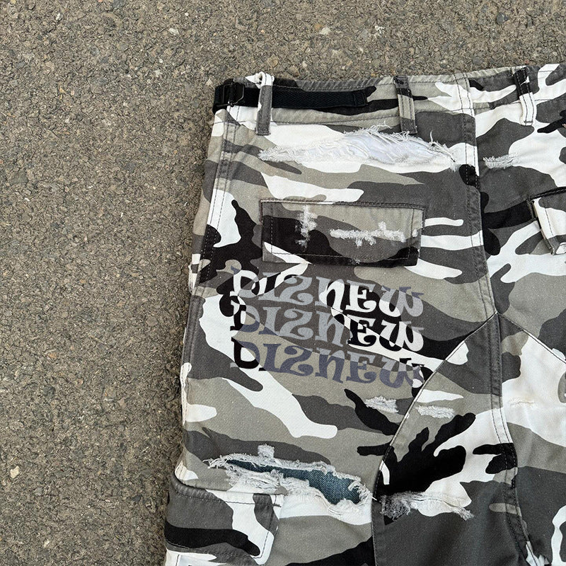 Camouflage Cargo Pants European and American Retro Loose Multi-Pocket Sports Cargo Men's Summer Ripped Mid-Length Shorts
