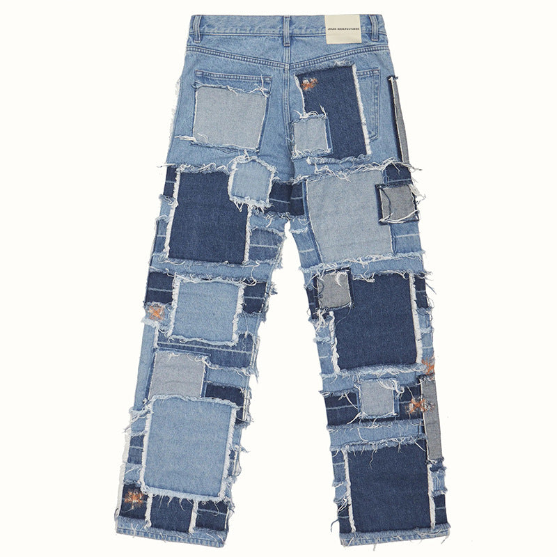 American Retro Hip-Hop Patchwork Deconstructed Washed Stacked Youth High Street Elastic Flared Jeans
