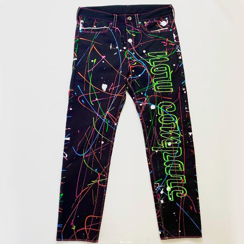 Washed Fluorescent Splash Ink Casual Jeans High Street Pure Handmade Elastic Small Straight Trousers for Men