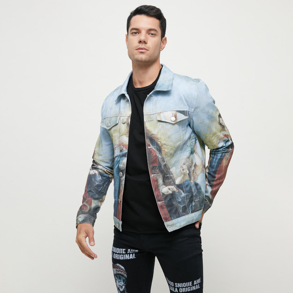 Spring and Autumn New Japanese Retro Workwear Jacket American High Street Plus Size Slim Fit Digital Print Custom Denim Jacket