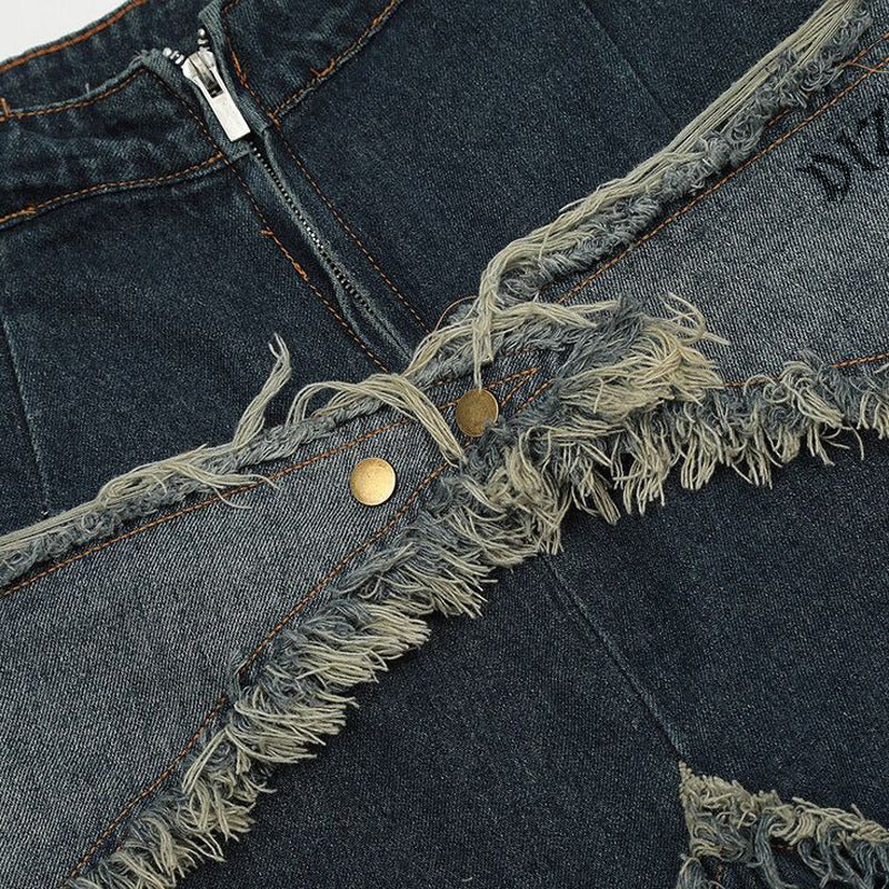 American Retro Niche Star Patch Tassel Denim Shorts Loose Hip-Hop Street Style Knee-Length Short