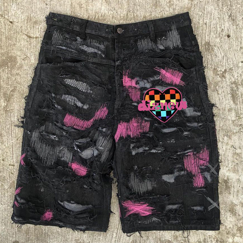 Factory Direct Sale Summer European and American Men's Ripped Embroidered Patchwork Denim Shorts Straight Mid-Length Trendy Men's Clothing