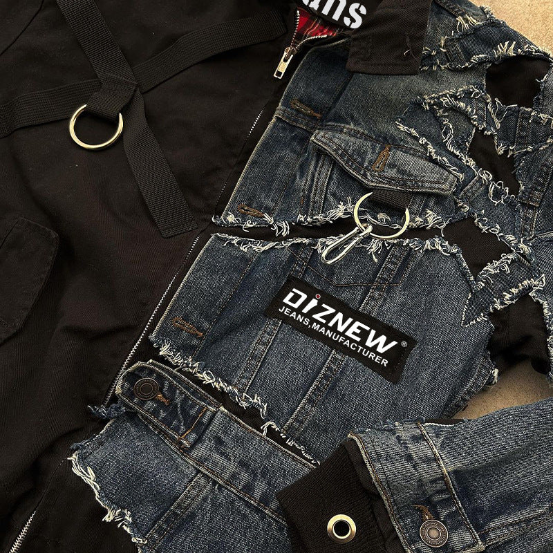 American Retro Denim Jacket for Boys, Loose Trendy Brand Spring and Autumn Couple Workwear Washed Splicing Denim Jacket
