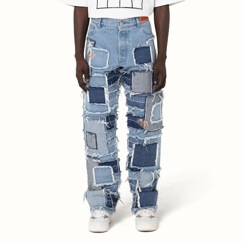 American Retro Hip-Hop Patchwork Deconstructed Washed Stacked Youth High Street Elastic Flared Jeans