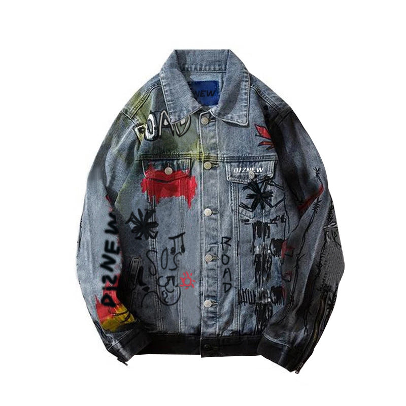 Workwear Denim Jacket American Heavy Graffiti Jacket Men's Trendy Brand Printed Motorcycle Jacket Loose Casual Jacket