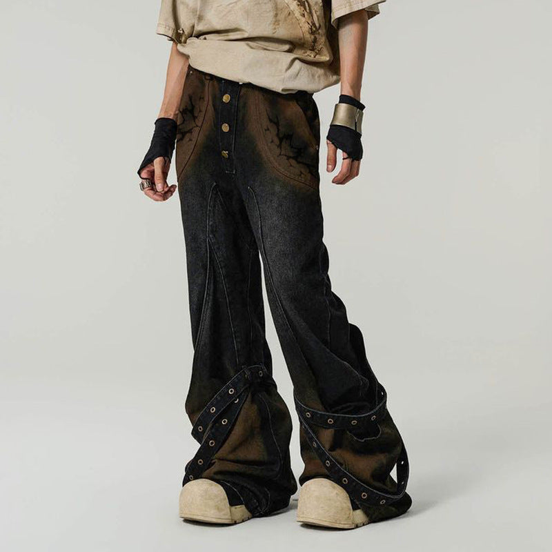 Wholesale American Niche Design Washed Trendy Style Micro-Flared Straight Jeans for Men and Women