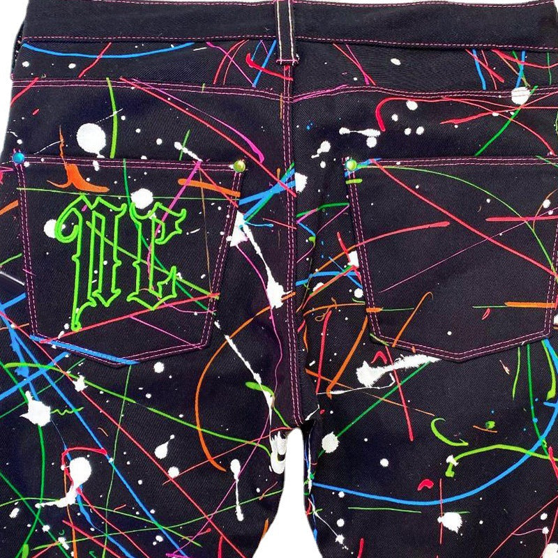 Washed Fluorescent Splash Ink Casual Jeans High Street Pure Handmade Elastic Small Straight Trousers for Men