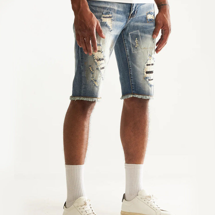 Men's Denim Casual Washed Hole Patch Embroidered Mid-Waist Loose Street Trendy Men's Clothing