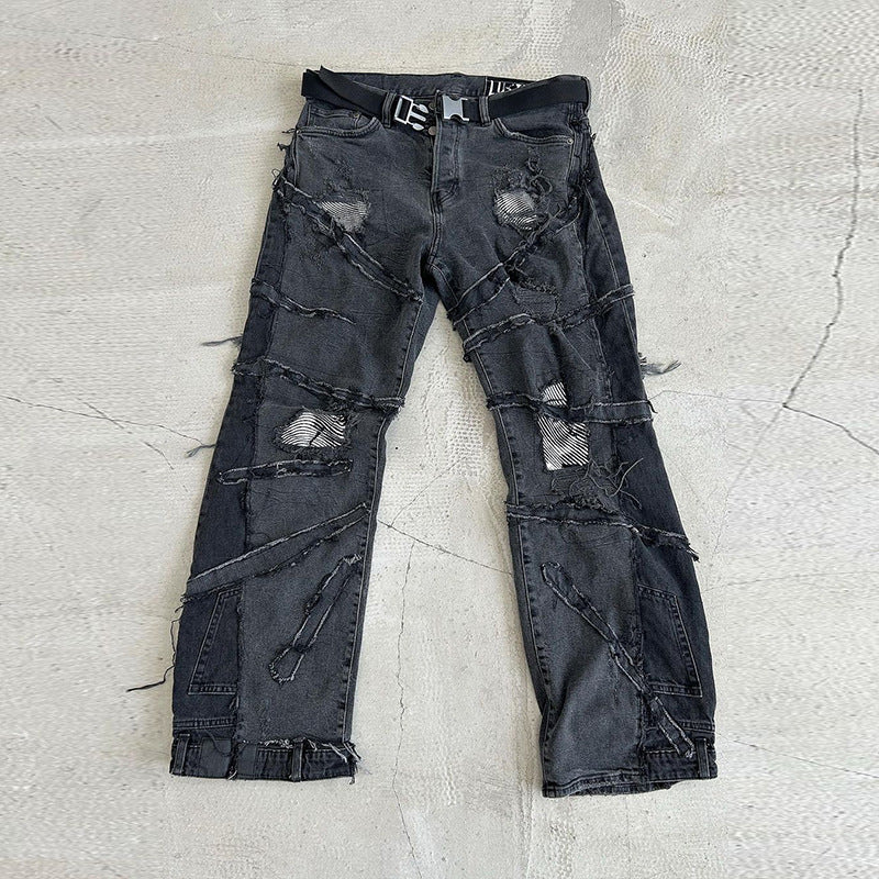 American High Street Washed Black Wax Pants Flared Pants Jeans Brushed Coated Pants for Men