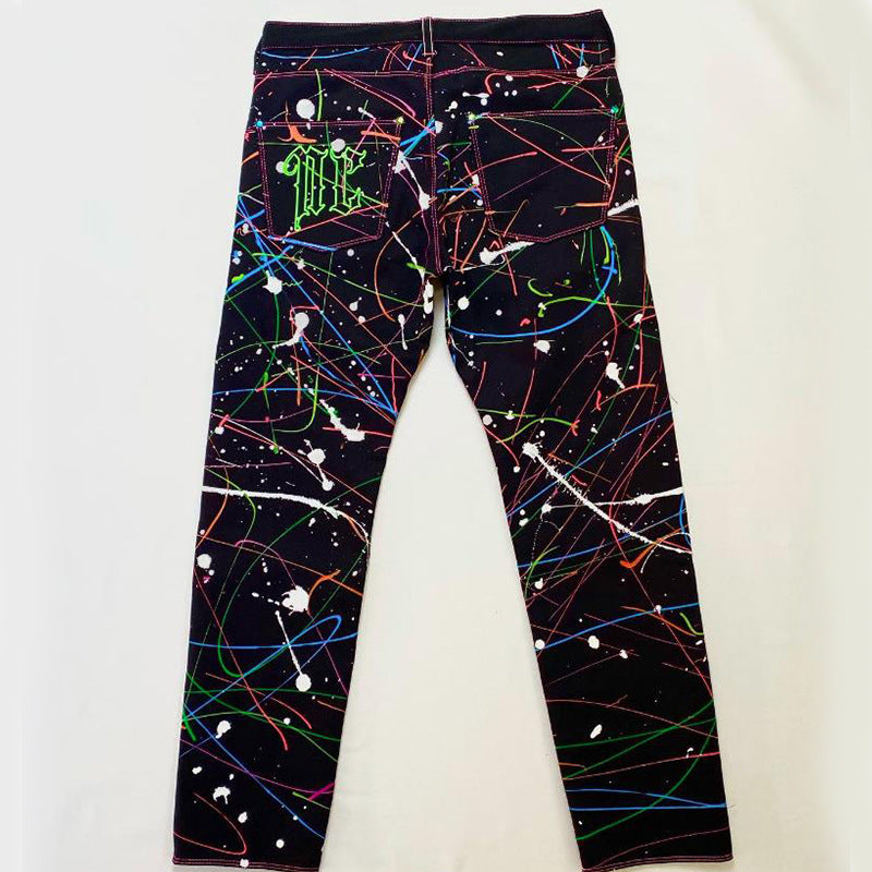 Washed Fluorescent Splash Ink Casual Jeans High Street Pure Handmade Elastic Small Straight Trousers for Men