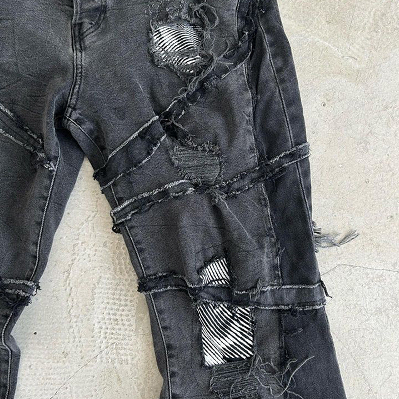 American High Street Washed Black Wax Pants Flared Pants Jeans Brushed Coated Pants for Men