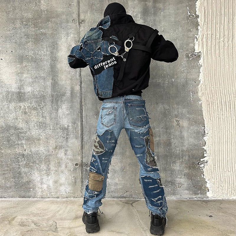American Retro Denim Jacket for Boys, Loose Trendy Brand Spring and Autumn Couple Workwear Washed Splicing Denim Jacket
